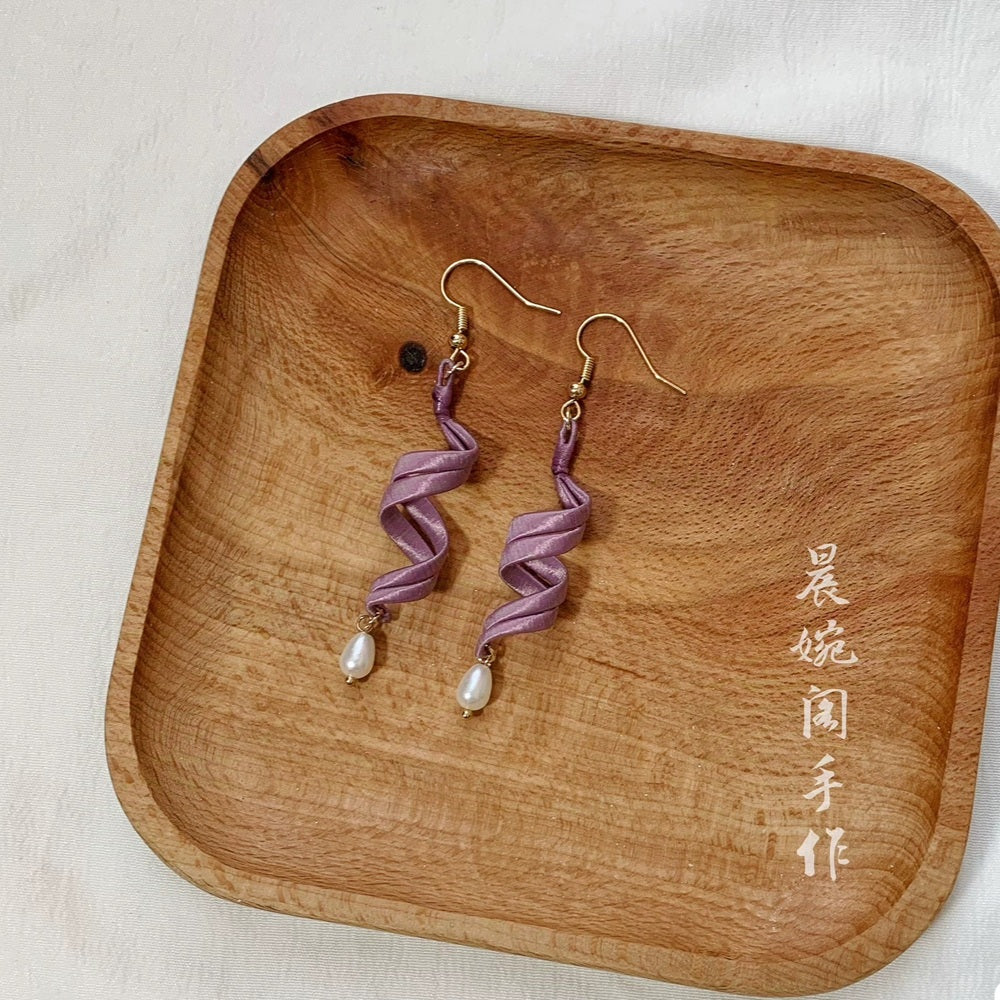 Handcrafted Chanhua Silk Ribbon & Pearl Earrings | Sterling Silver Hooks