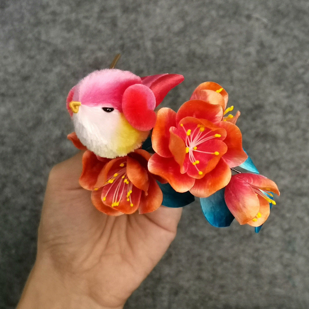 Red Bird And Flowers Bespoke Hairpin - Silk Hairpin(Ronghua)