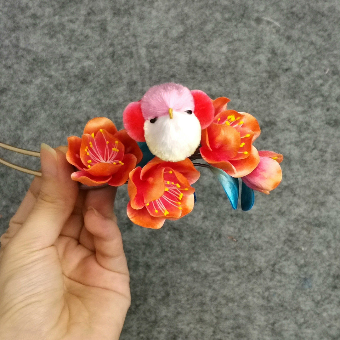 Red Bird And Flowers Bespoke Hairpin - Silk Hairpin(Ronghua)