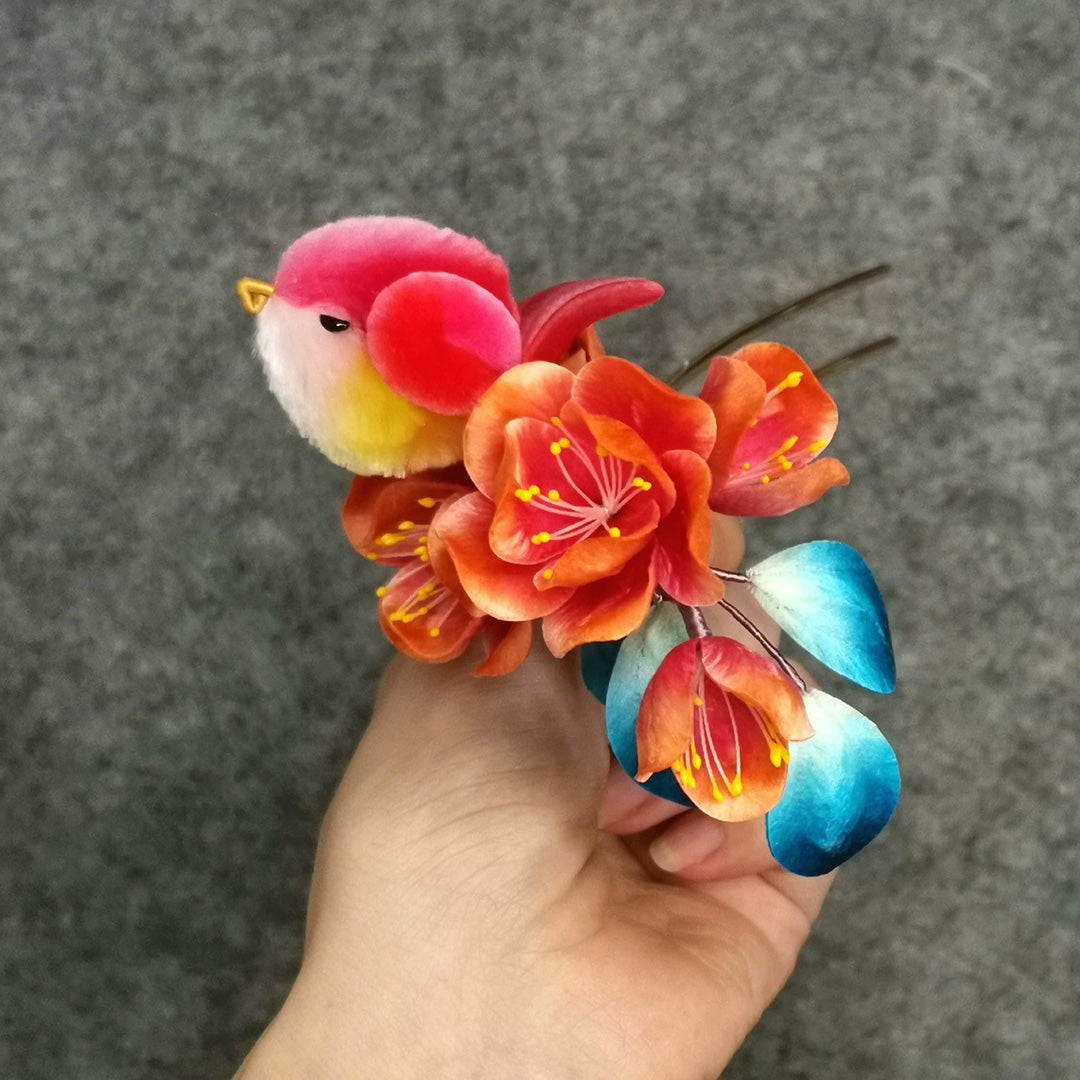 Red Bird And Flowers Bespoke Hairpin - Silk Hairpin(Ronghua)