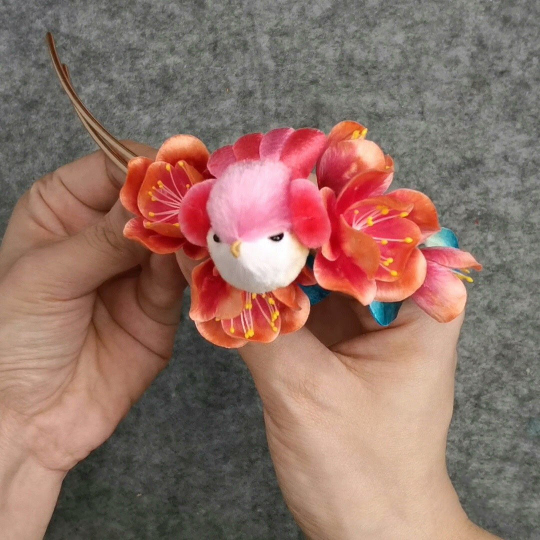 Red Bird And Flowers Bespoke Hairpin - Silk Hairpin(Ronghua)