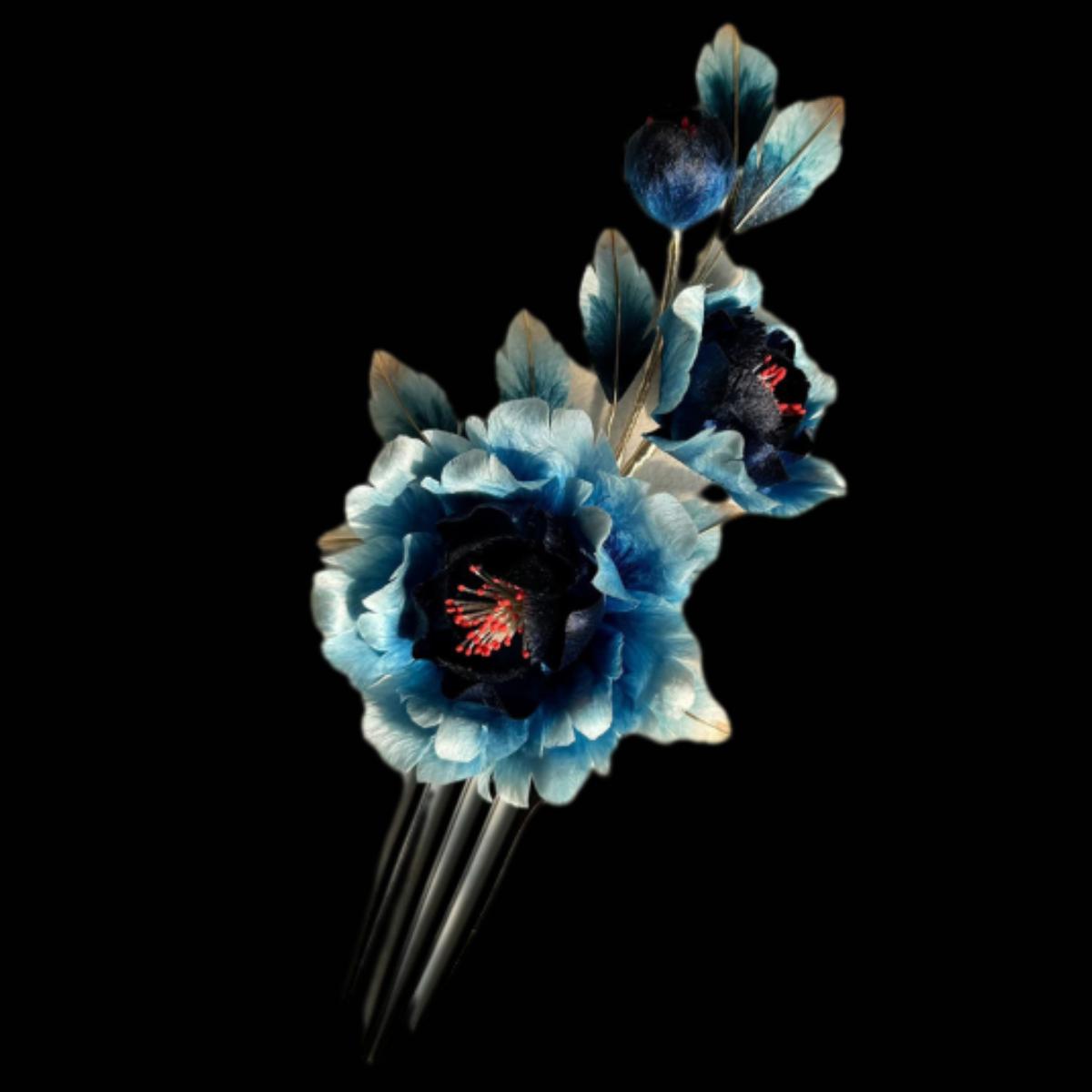 Black And Blue Peony Bespoke Hairpin - Silk Hairpin(Ronghua)