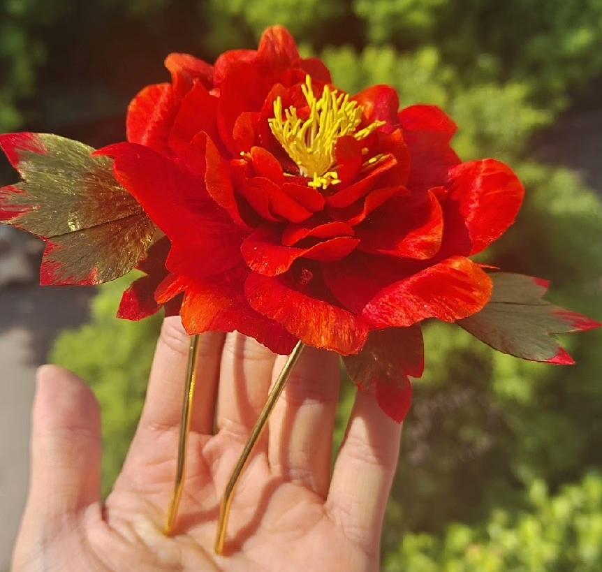 Red Peony Bespoke Hairpin - Silk Hairpin(Ronghua)