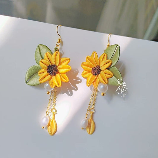 Handcrafted Chanhua Flower & Pearl Drop Earrings - 925 Silver Hooks