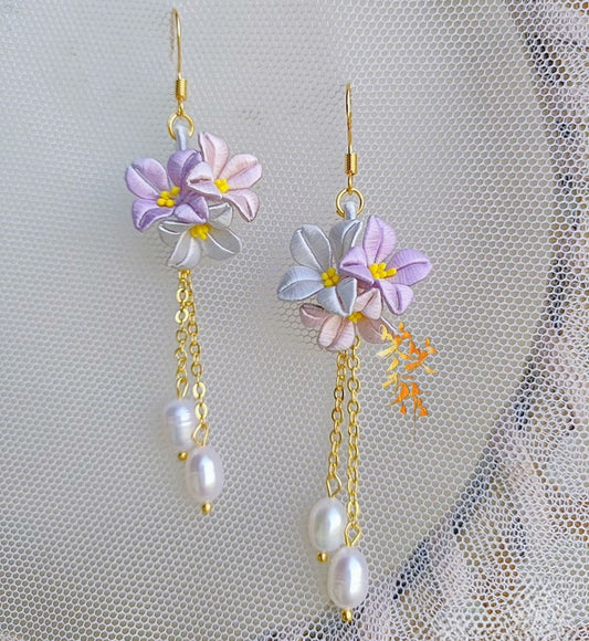 Handcrafted Chanhua Flower & Freshwater Pearl Dangle Earrings - 925 Silver Hooks