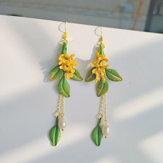 Handmade Chanhua Osmathus Dangle Earrings - 925 Silver Hooks & Freshwater Pearls