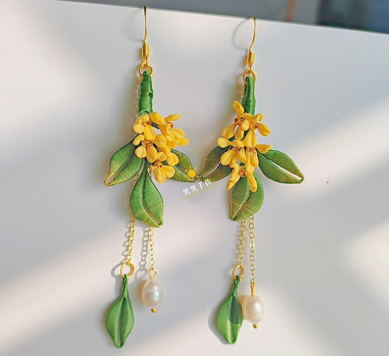 Handmade Chanhua Osmathus Dangle Earrings - 925 Silver Hooks & Freshwater Pearls
