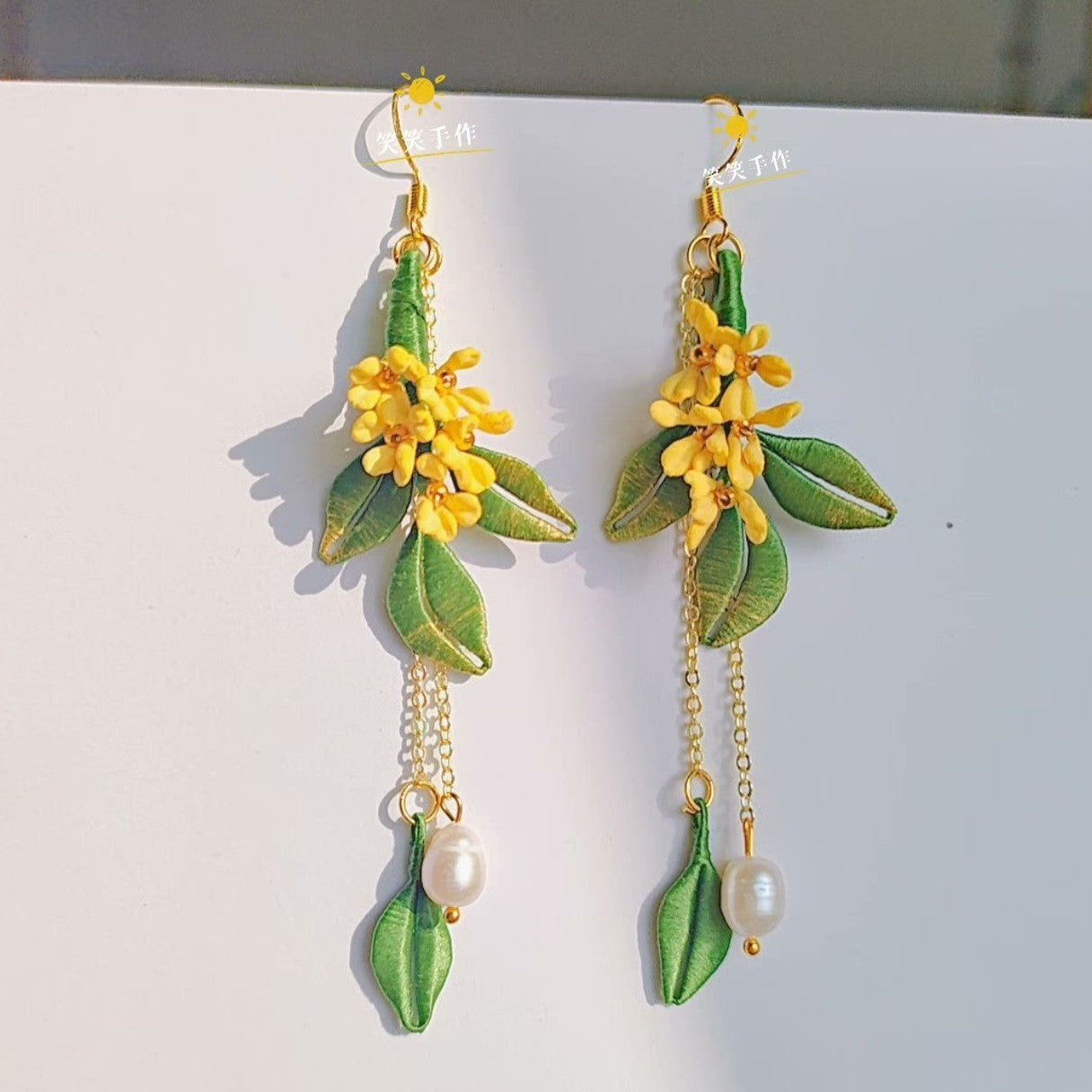 Handmade Chanhua Osmathus Dangle Earrings - 925 Silver Hooks & Freshwater Pearls