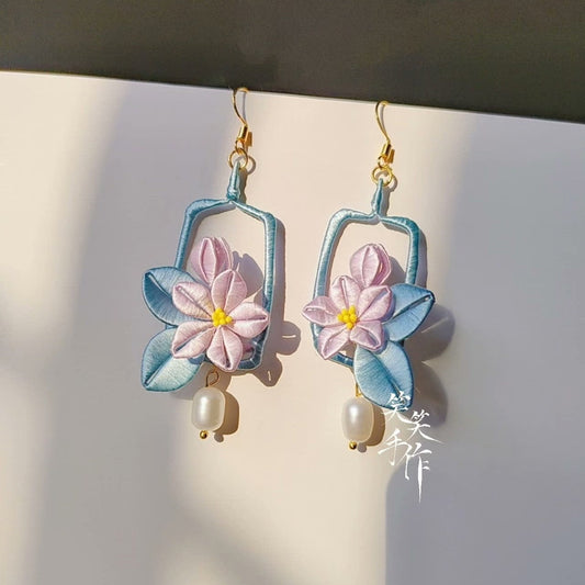 Handcrafted Chanhua Flower Earrings | 925 Silver Hooks & Freshwater Pearl Dangles