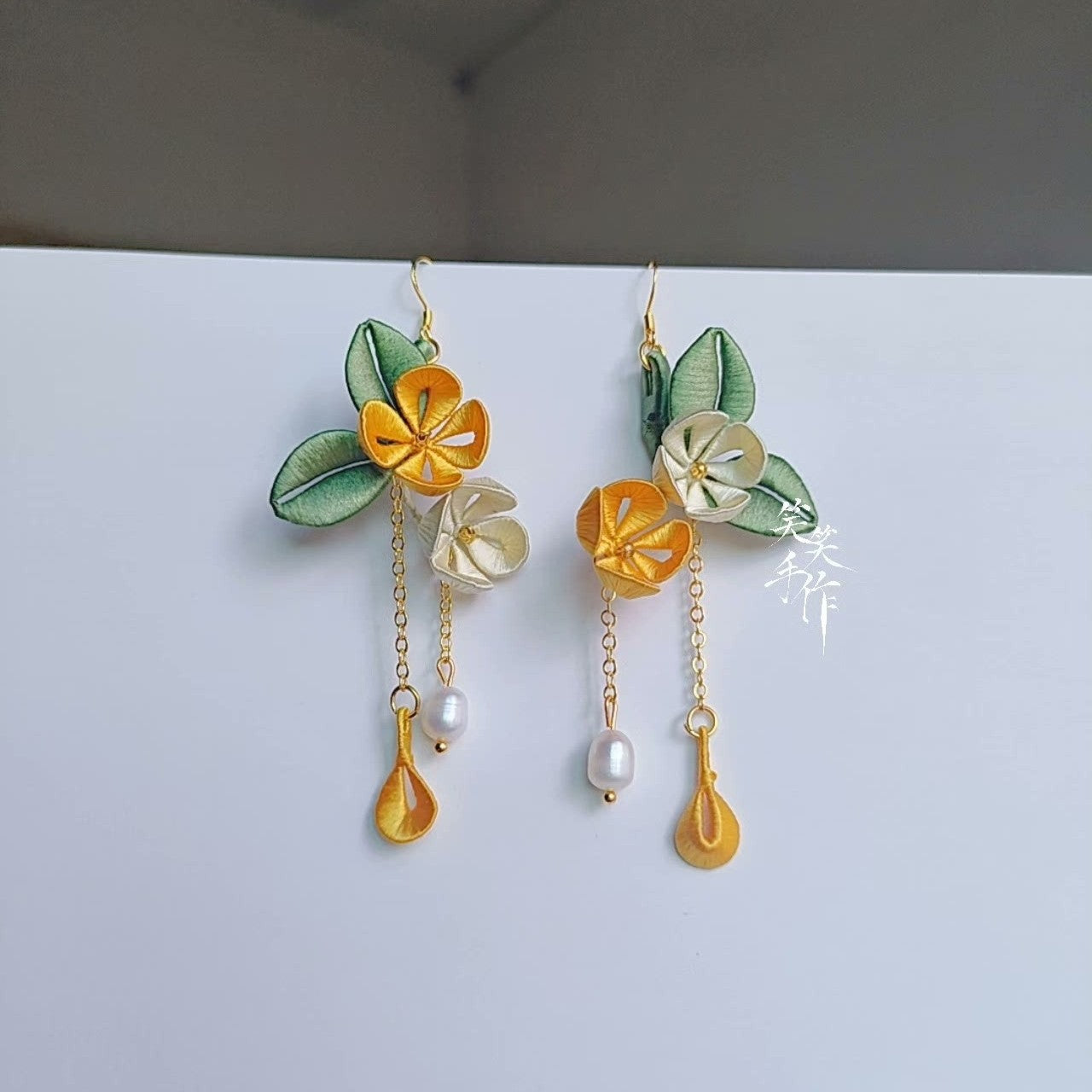 Handmade Chanhua Flower Earrings - 925 Silver Hooks, Freshwater Pearls