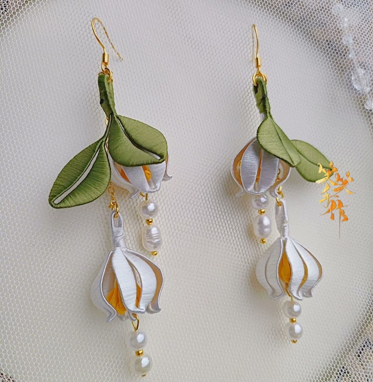 Handcrafted Chanhua Flower & Pearl Drop Earrings - 925 Silver Hooks