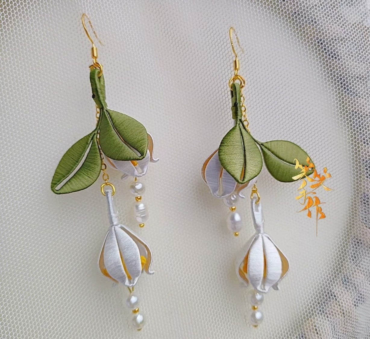Handcrafted Chanhua Flower & Pearl Drop Earrings - 925 Silver Hooks