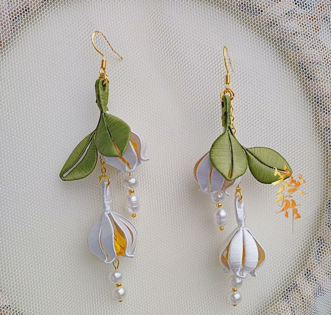 Handcrafted Chanhua Flower & Pearl Drop Earrings - 925 Silver Hooks
