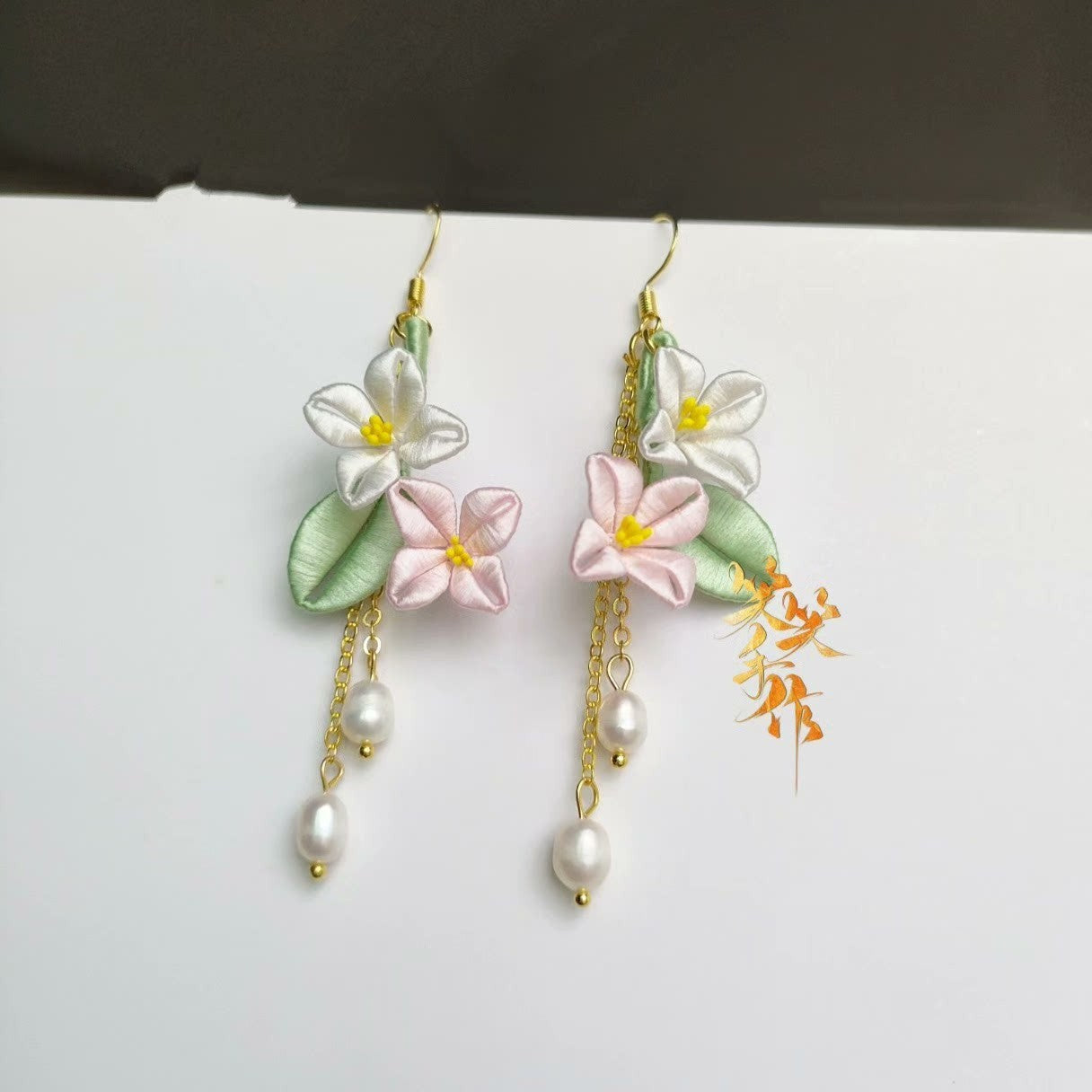 Handcrafted Chanhua Flower & Pearl Dangle Earrings - 925 Silver Hooks