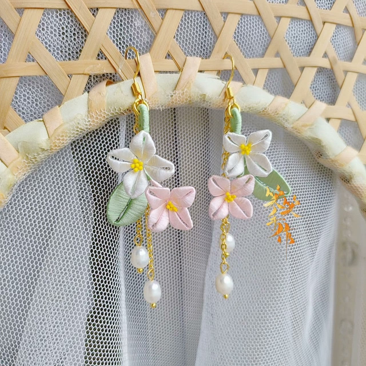 Handcrafted Chanhua Flower & Pearl Dangle Earrings - 925 Silver Hooks