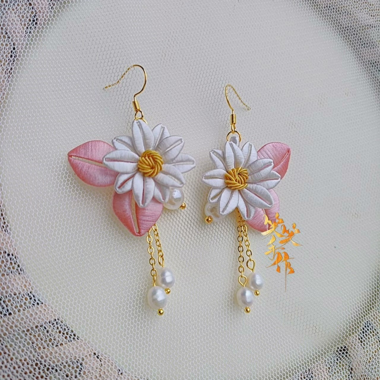 Handcrafted Chanhua Flower & Pearl Drop Earrings - 925 Silver Hooks