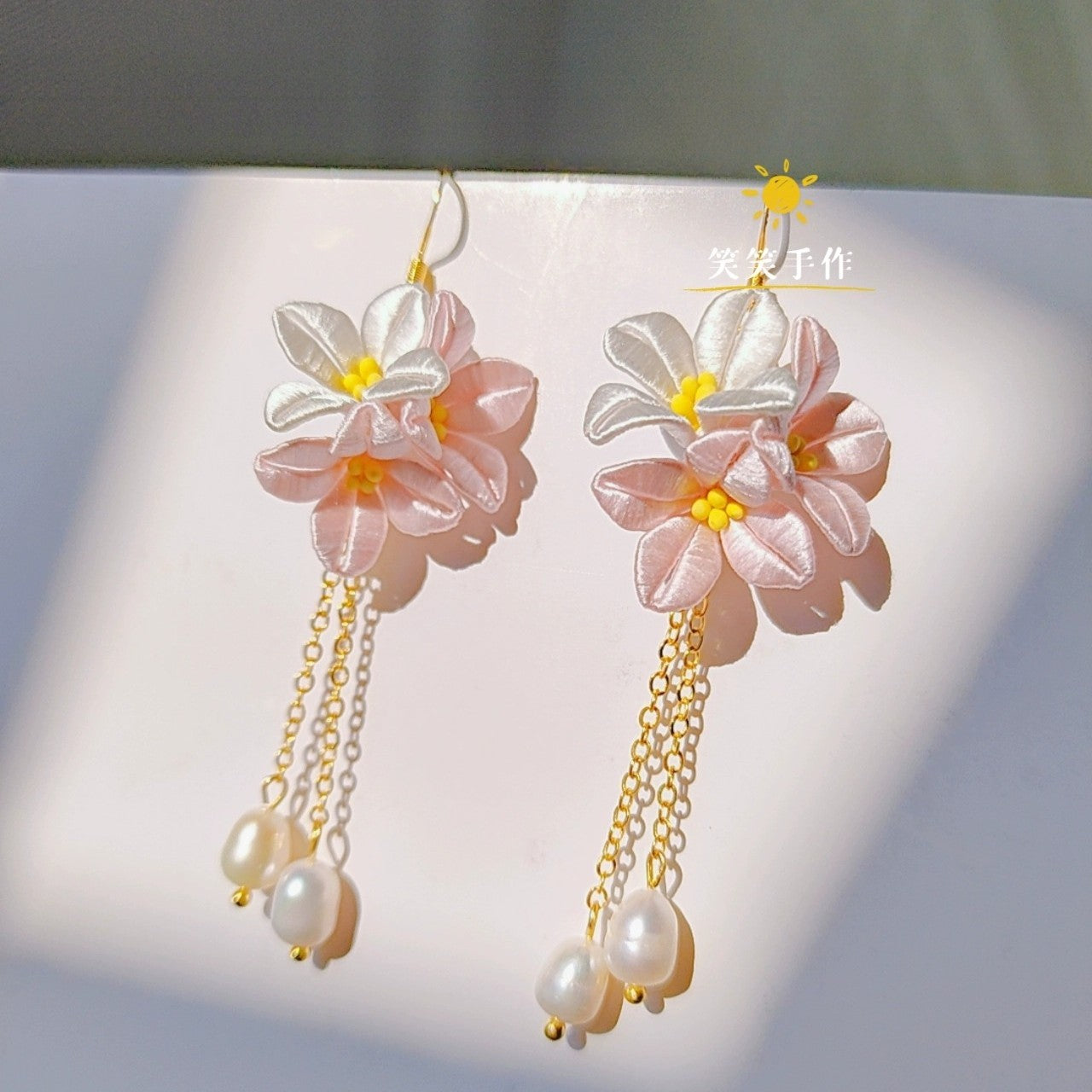 Handcrafted Chanhua Flower & Freshwater Pearl Dangle Earrings - 925 Silver Hooks