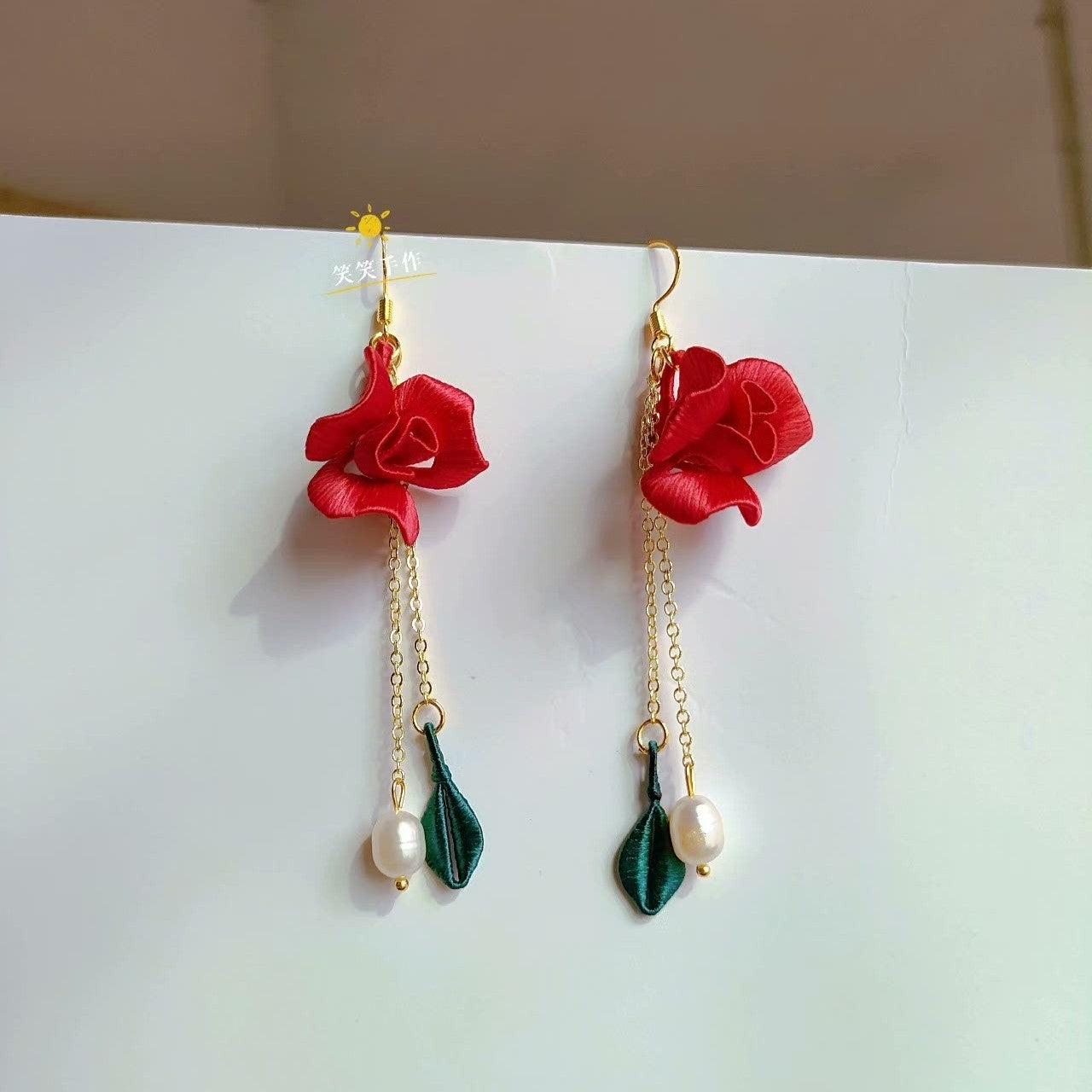 Handmade Chanhua Red Rose & Freshwater Pearl Dangle Earrings - 925 Silver Hooks