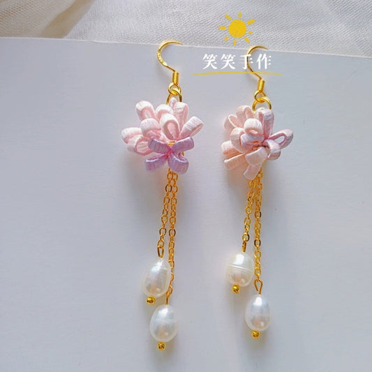 Handmade Chanhua Flower Earrings with Natural Freshwater Pearls - 925 Sterling Silver Hooks