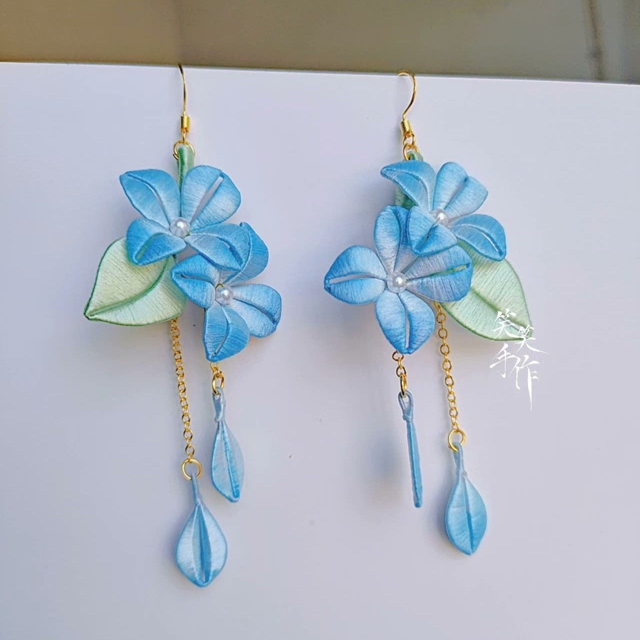 Handcrafted Blue Chanhua Flower Earrings - 925 Silver Hooks | Elegant Dangle Drop Jewelry
