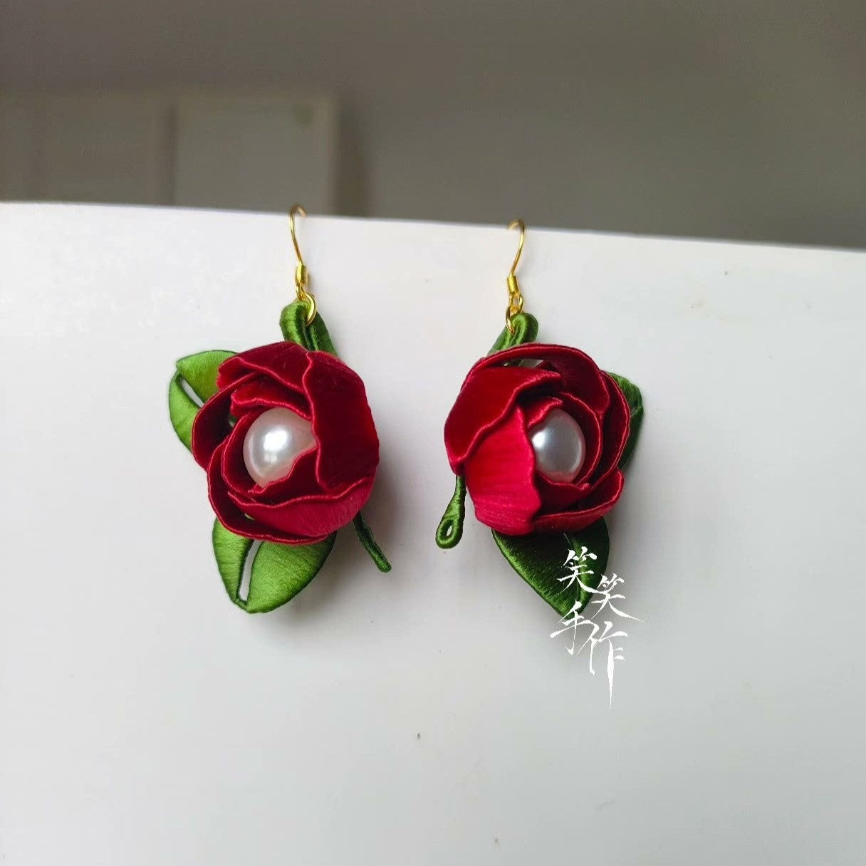 Handcrafted Chanhua Rose & Pearl Drop Earrings - 925 Silver Hooks