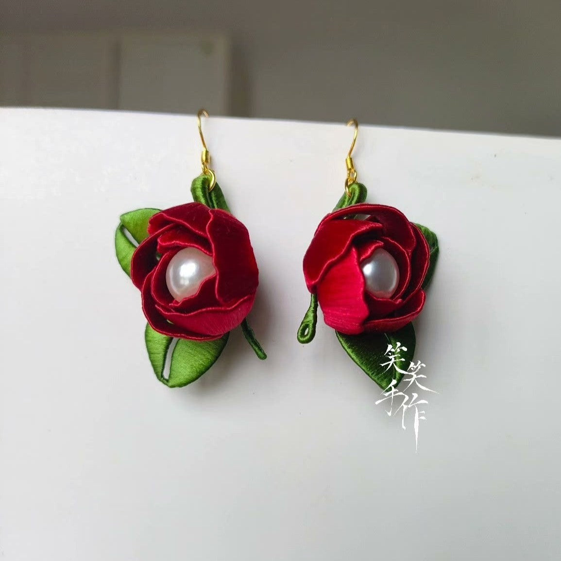 Handcrafted Chanhua Rose & Pearl Drop Earrings - 925 Silver Hooks