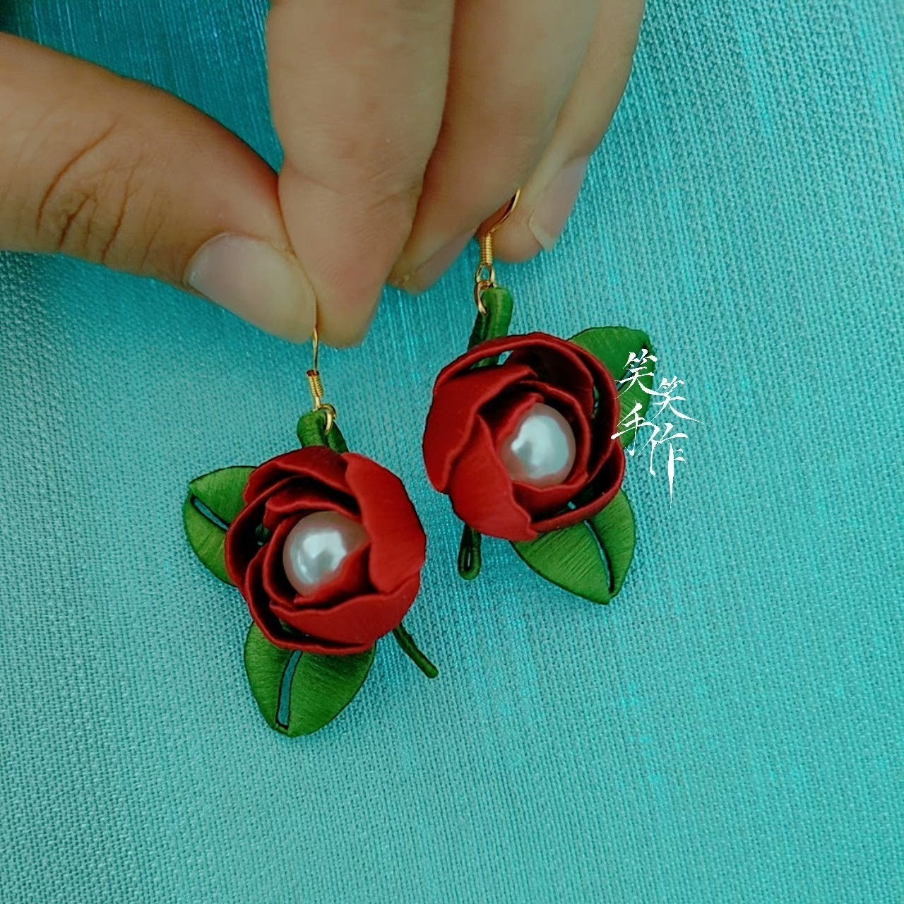 Handcrafted Chanhua Rose & Pearl Drop Earrings - 925 Silver Hooks