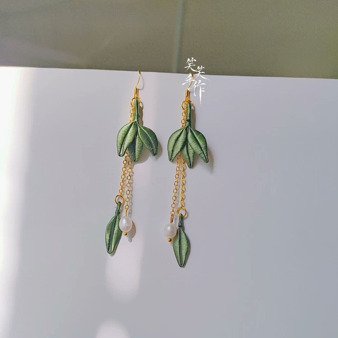 Handcrafted Chanhua Bamboo Leaves & Pearl Drop Earrings - 925 Silver Hooks