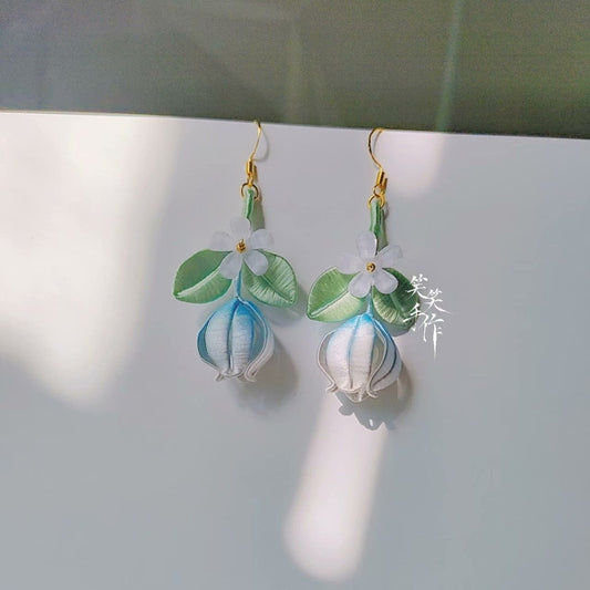 Handmade Chanhua Flower & Bud Dangle Earrings - 925 Silver Hooks | Elegant & Everyday Wear