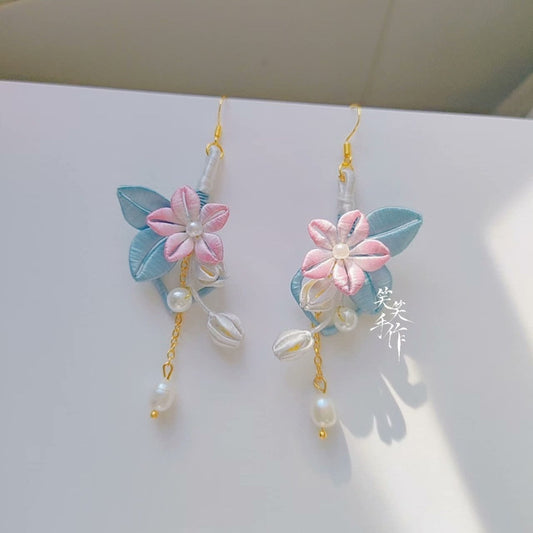 Handcrafted Chanhua Flower & Pearl Dangle Earrings - 925 Silver Hooks