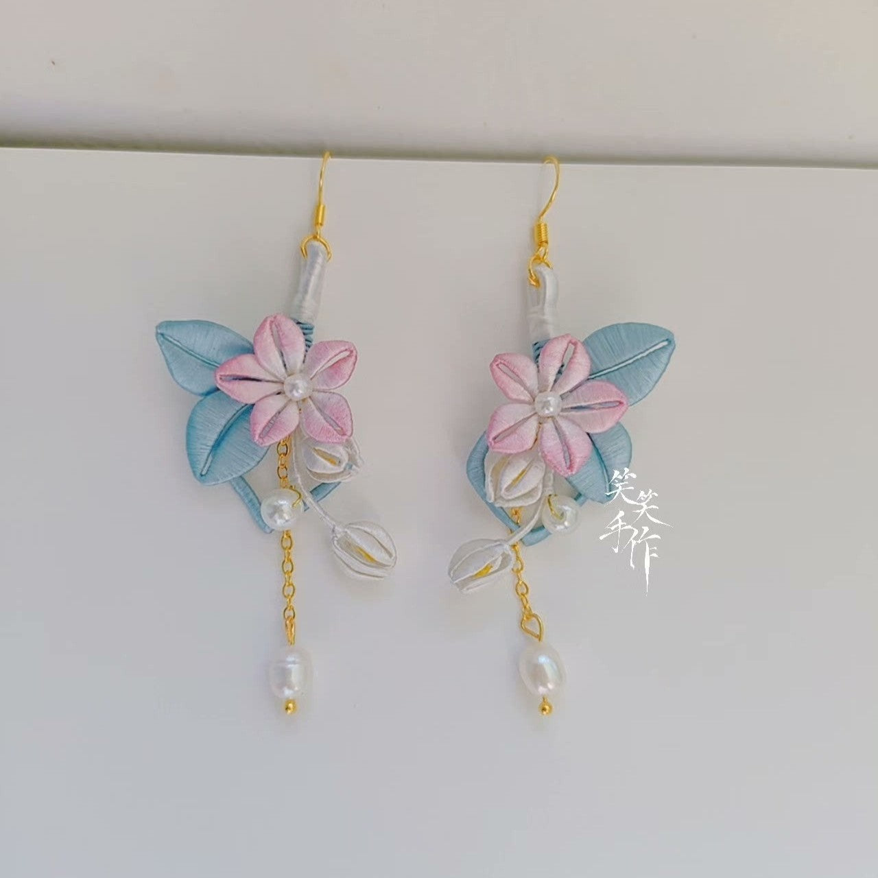Handcrafted Chanhua Flower & Pearl Dangle Earrings - 925 Silver Hooks
