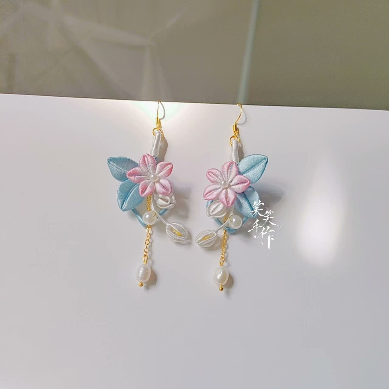 Handcrafted Chanhua Flower & Pearl Dangle Earrings - 925 Silver Hooks
