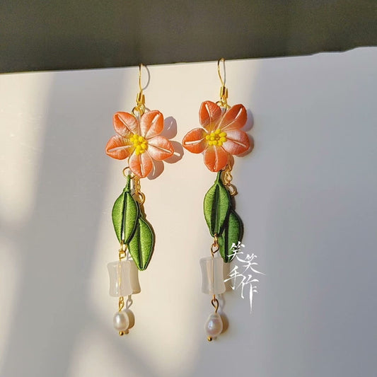Handcrafted Chanhua Flower & Pearl Drop Earrings - 925 Silver Hooks