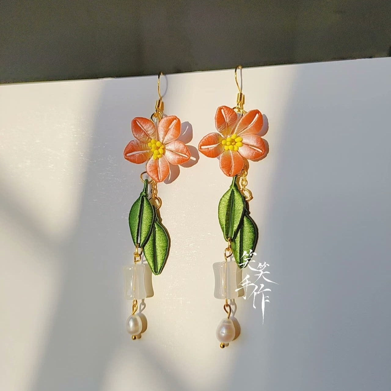Handcrafted Chanhua Flower & Pearl Drop Earrings - 925 Silver Hooks