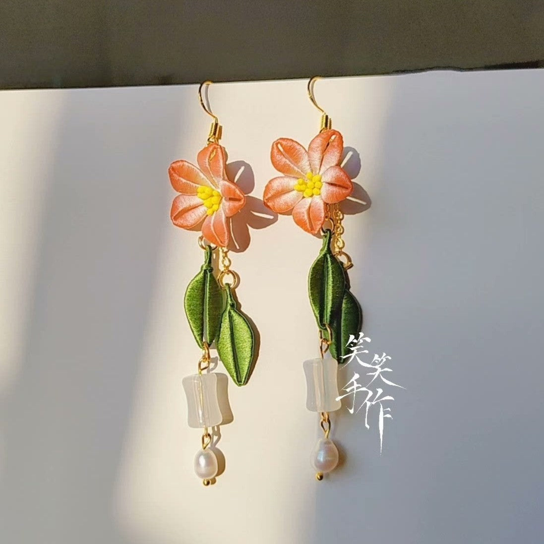 Handcrafted Chanhua Flower & Pearl Drop Earrings - 925 Silver Hooks