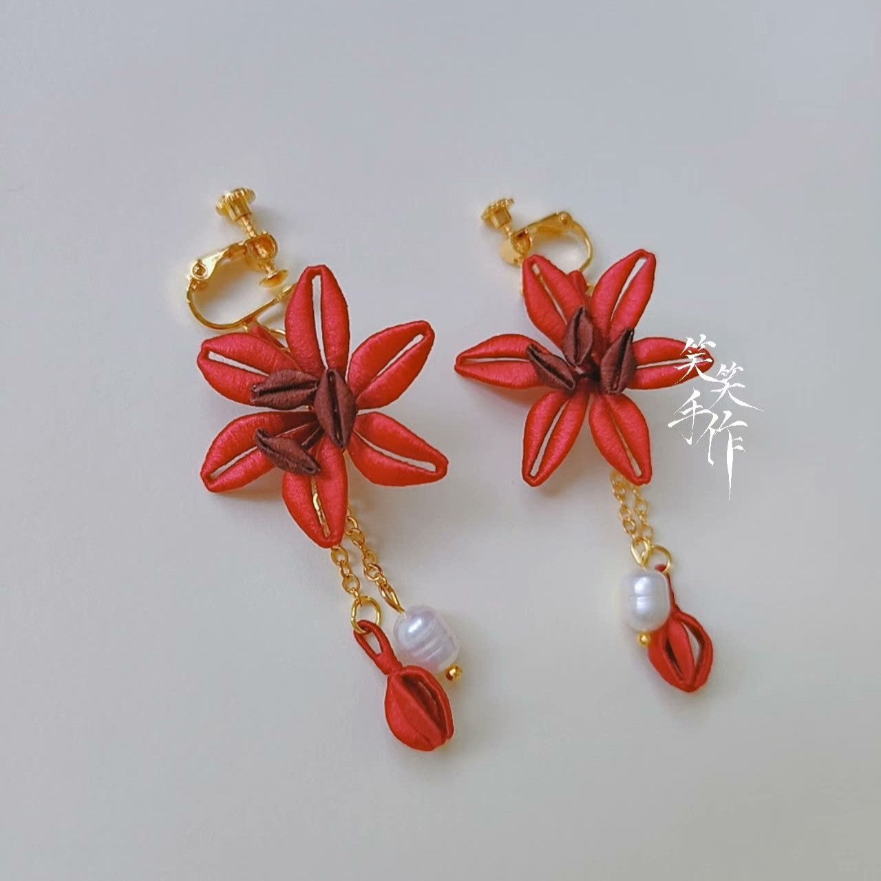Handcrafted Chanhua Flower & Pearl Dangle Earrings - 925 Silver Hooks