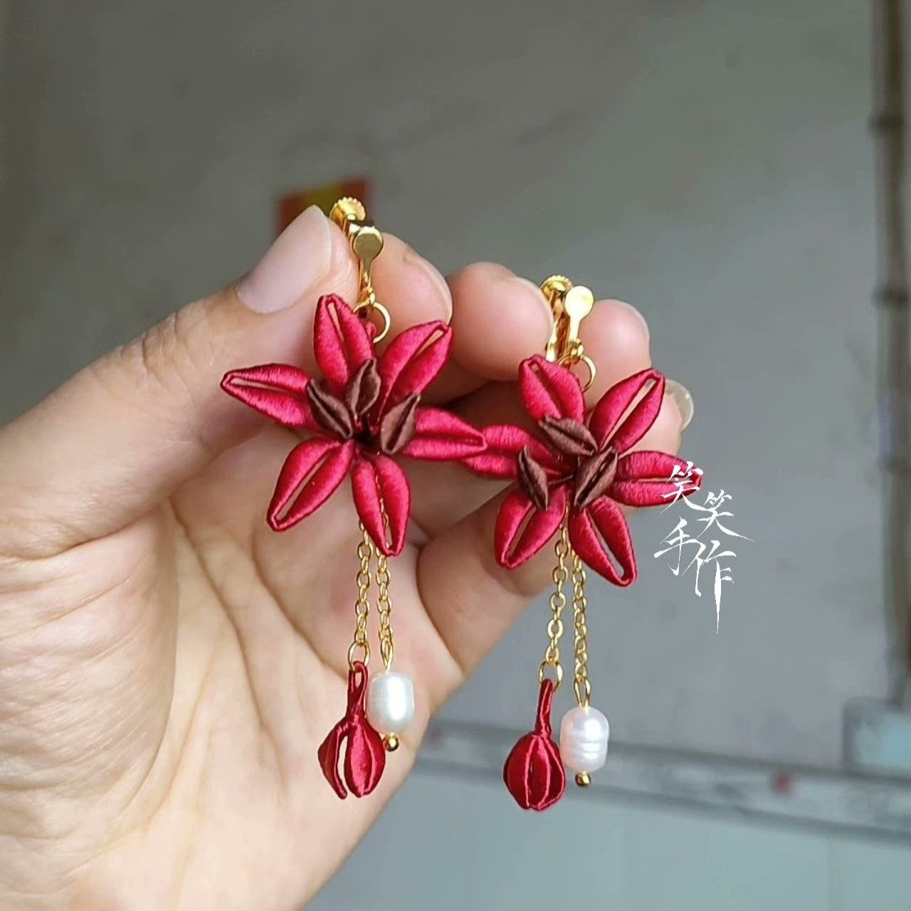 Handcrafted Chanhua Flower & Pearl Dangle Earrings - 925 Silver Hooks