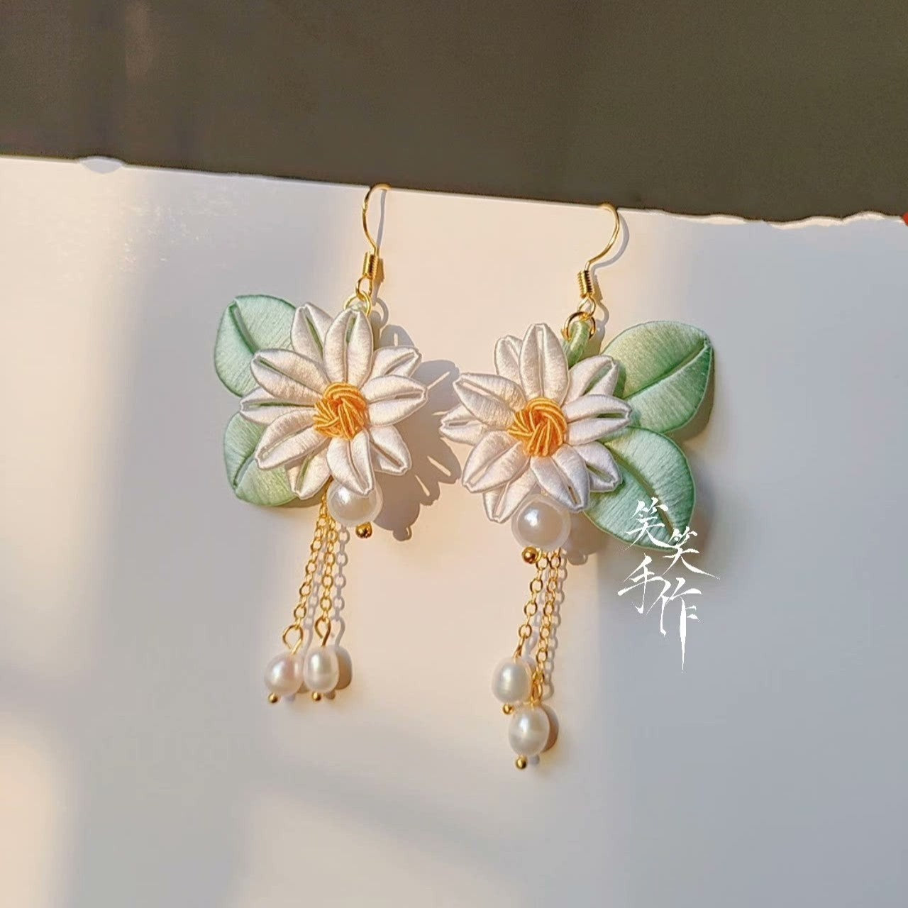 Handcrafted Chanhua Flower & Pearl Drop Earrings - 925 Silver Hooks