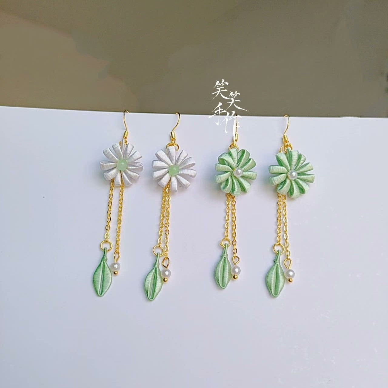 Handmade Chanhua Dangle Earrings with 925 Silver & Natural Pearl – Elegant Green & White Floral Jewelry