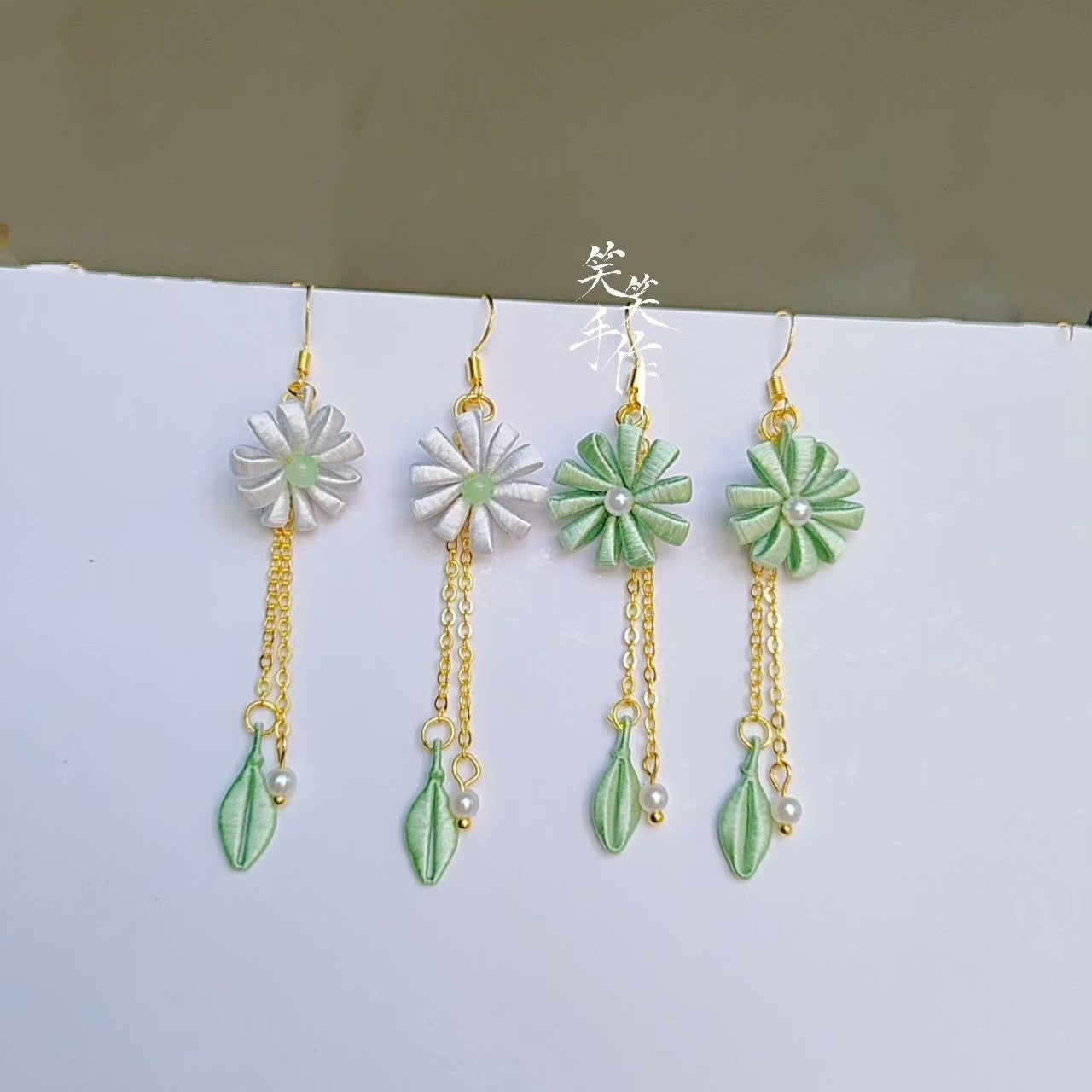 Handmade Chanhua Dangle Earrings with 925 Silver & Natural Pearl – Elegant Green & White Floral Jewelry