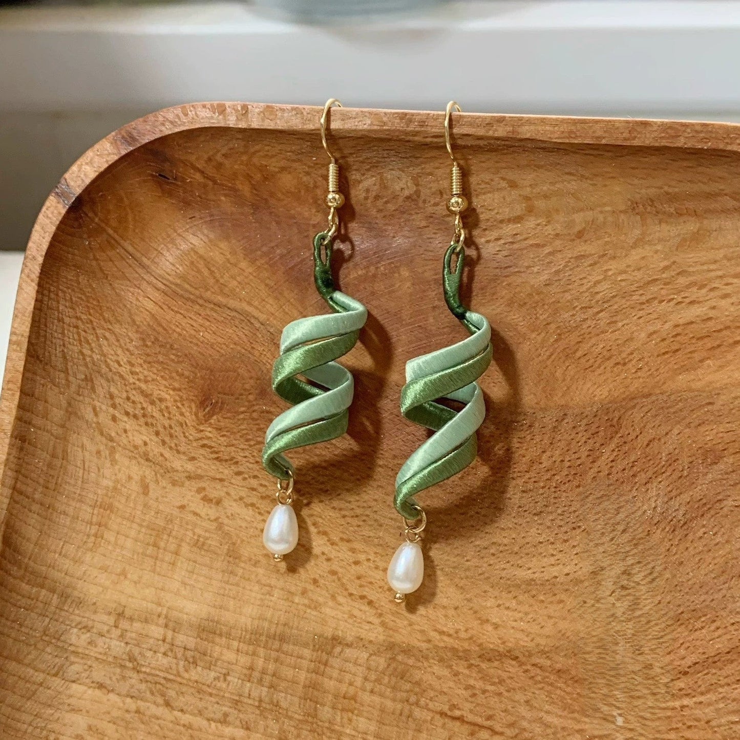 Handcrafted Chanhua Silk Ribbon & Pearl Earrings | Sterling Silver Hooks