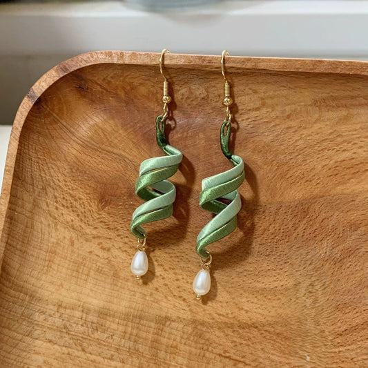 Handcrafted Chanhua Silk Ribbon & Pearl Earrings | Sterling Silver Hooks