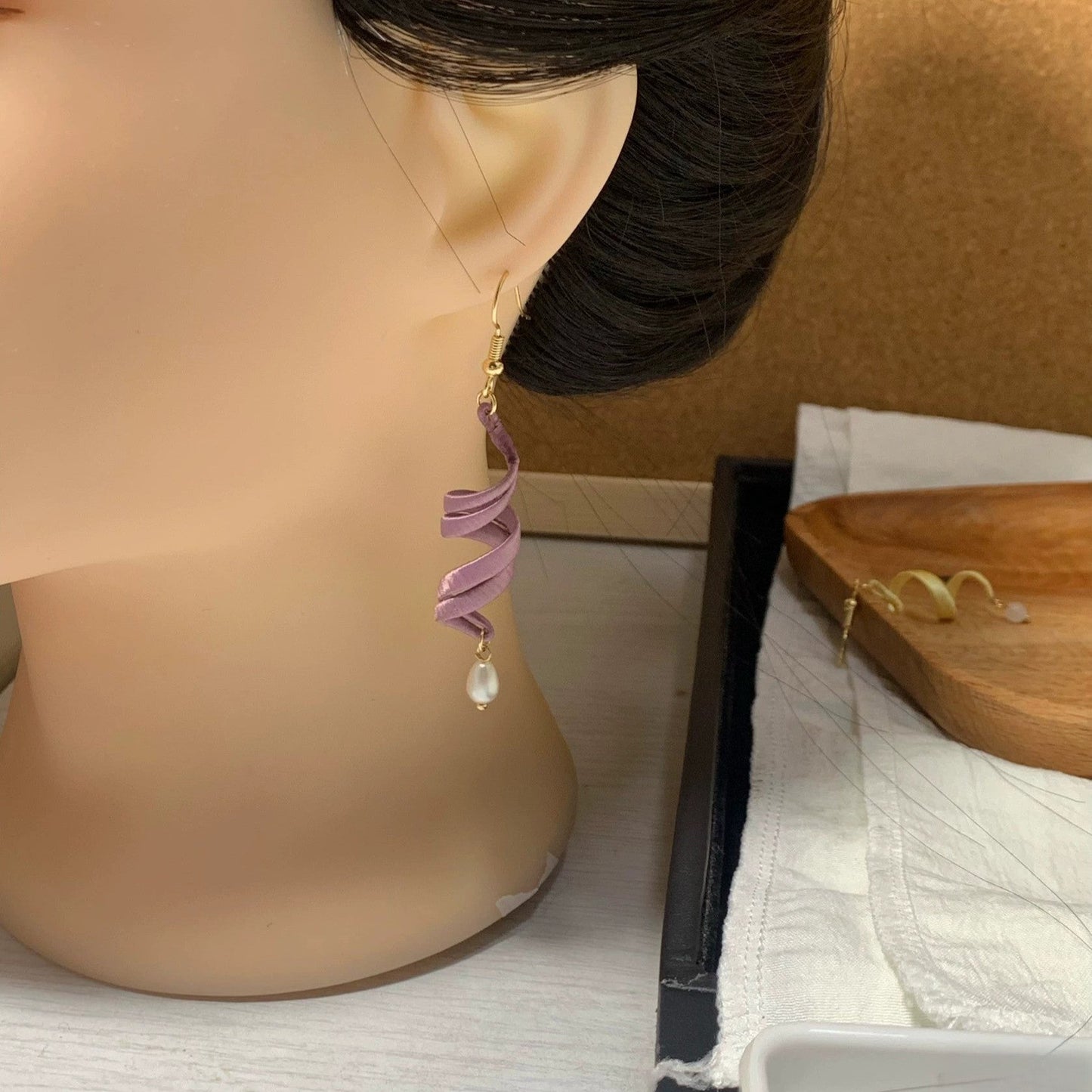 Handcrafted Chanhua Silk Ribbon & Pearl Earrings | Sterling Silver Hooks