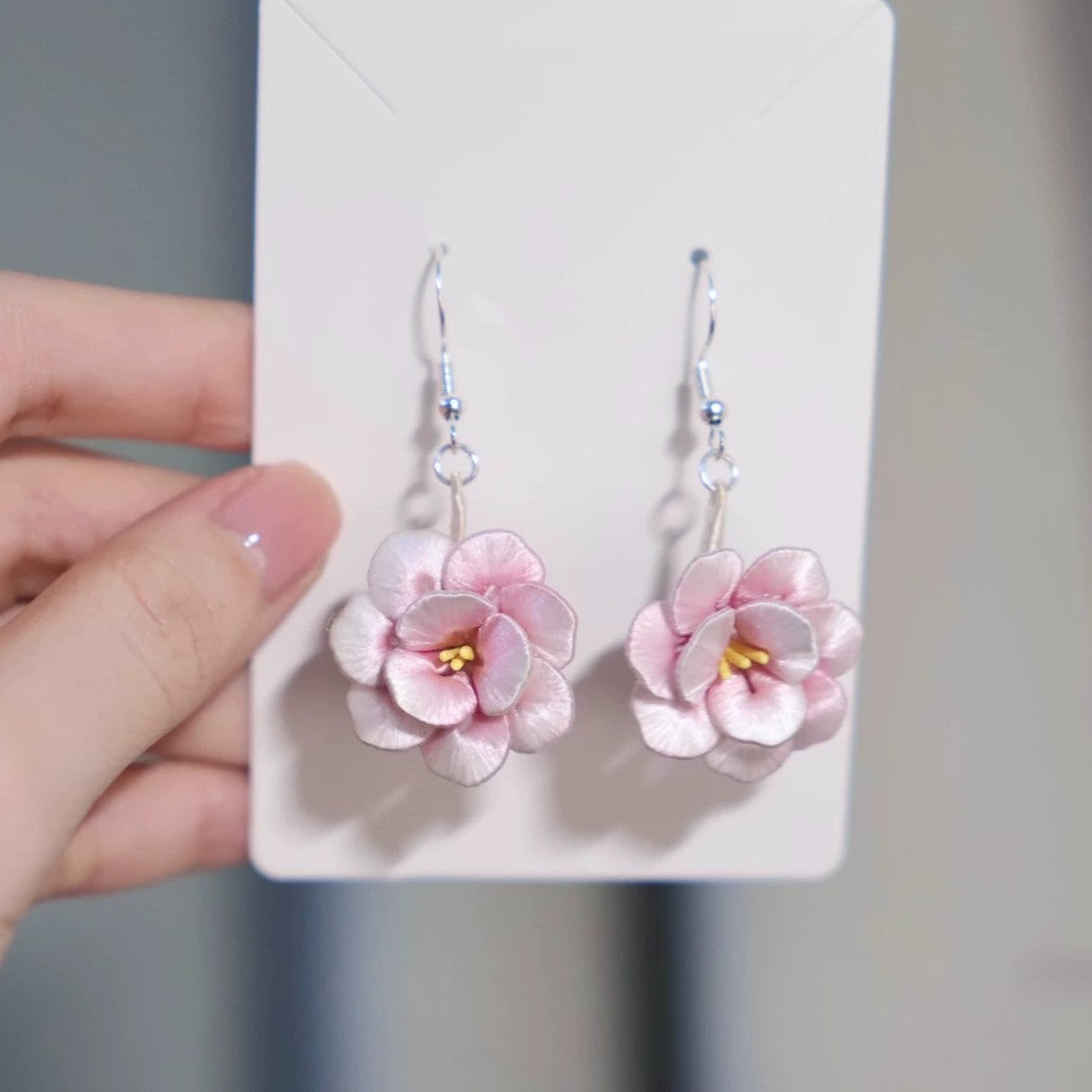 Handmade Camellia Flower Dangle Earrings - 925 Sterling Silver Hooks