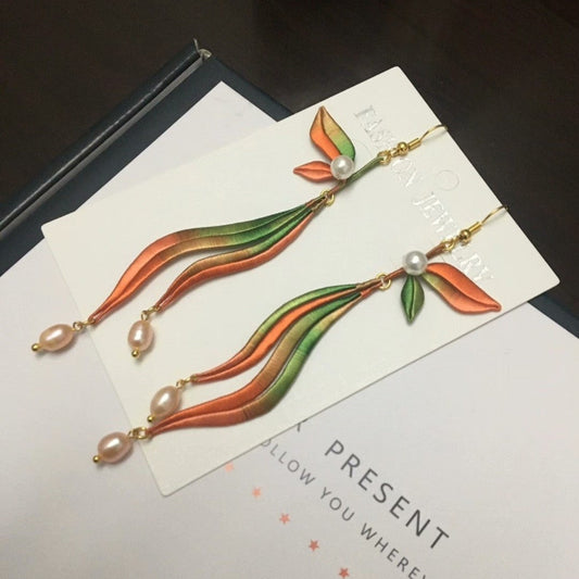 Handmade Chanhua Silk & Pearl Dangle Earrings | S925 Silver Hooks