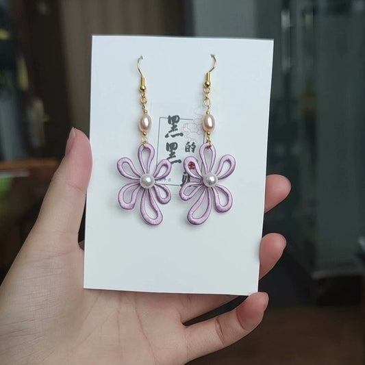 Handmade Chanhua Flower Earrings - 925 Silver Hooks & Freshwater Pearl