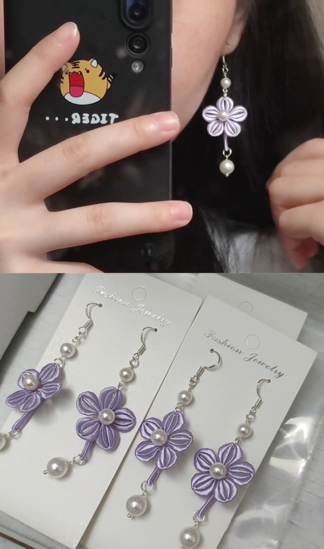 Handmade Chanhua Flower & Pearl Earrings - 925 Silver Hooks