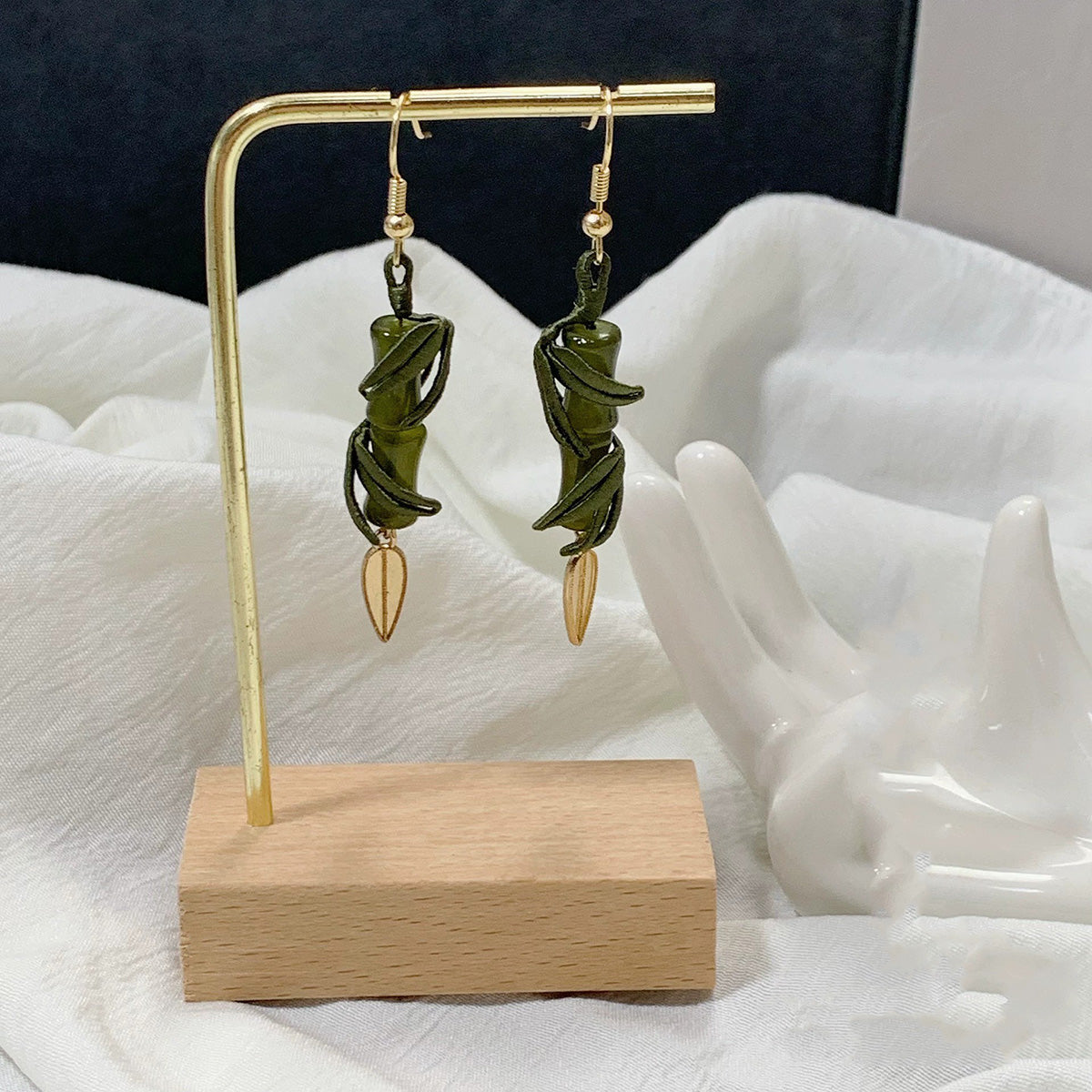Handmade Sterling Silver Bamboo & Leaf Dangle Earrings
