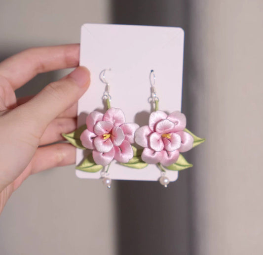 Handcrafted Chanhua Silk Flower Earrings with 925 Silver Hooks