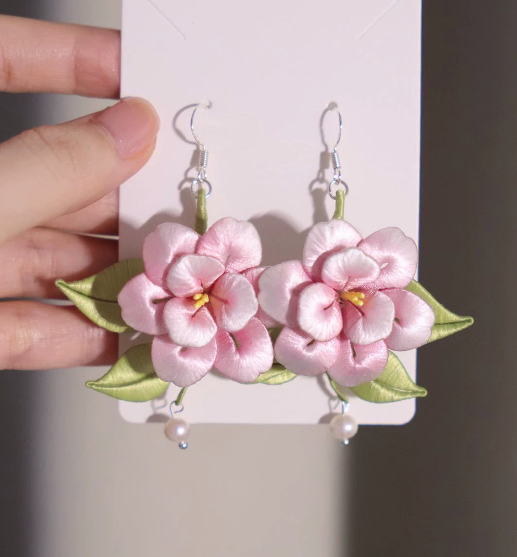 Handcrafted Chanhua Silk Flower Earrings with 925 Silver Hooks